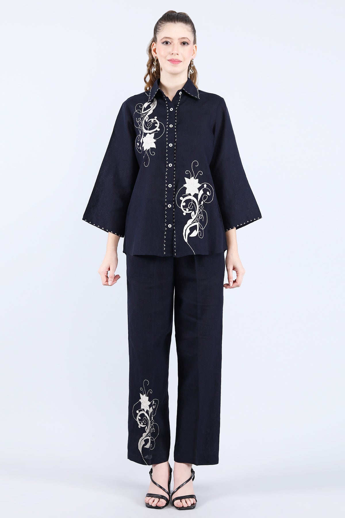 Buy Linen Bloom Navy Patch Embroidery Tunic set for women online available at ScrollnShops